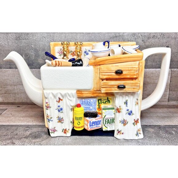 Vtg 1996 • Royal Albert Botanical Flowers • Kitchen Sink Teapot • Paul Cardew
